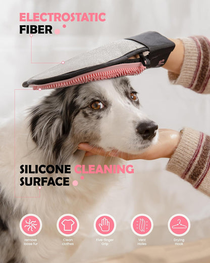 Pet Hair Removal Glove for Dogs & Cats, 2-in-1 Double-Sided Pet Grooming Tool, Electrostatic Pet Hair Remover Glove for Clothes & Furniture + Silicone Brush for Deshedding Pets