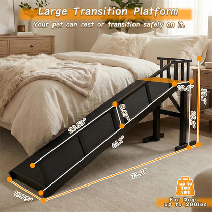 61" Dog Ramp for Bed with Rest Platform & Glow Strips, 20° Gentle Slope, EVA Non-Slip Surface, Removable Safety Rails, Birchwood Solid Wood, for Small, Large & Senior Dogs, Joint Protection, Black