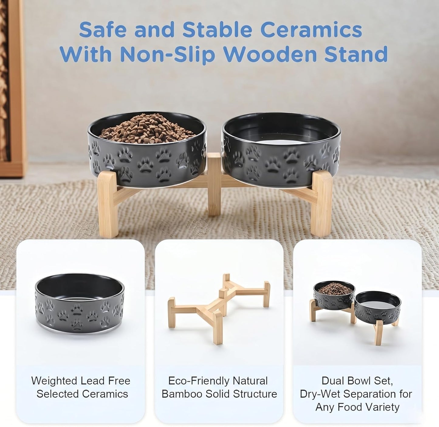 SPUNKYJUNKY Elevated Dog Bowls Ceramic, 6.1'' Dogs and Cat Food Water Bowls Raised with Non-Slip Bamboo Stand for Medium Sized Breed Microwave Dishwasher Safe - 28.7 OZ,Beige