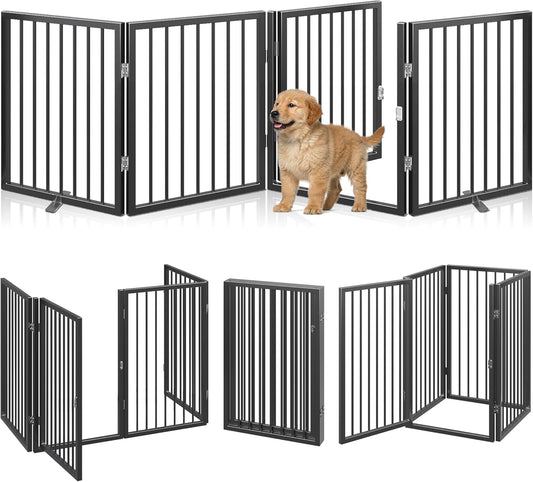 Vantas Folding No-Assembly Metal Pet Gate 120" Wide, 32" Extra Tall Dog Gate with Door Walk Through, Freestanding Accordion Puppy Gate Dog Door for Indoor & Outdoor, with 2PCS Support - Black