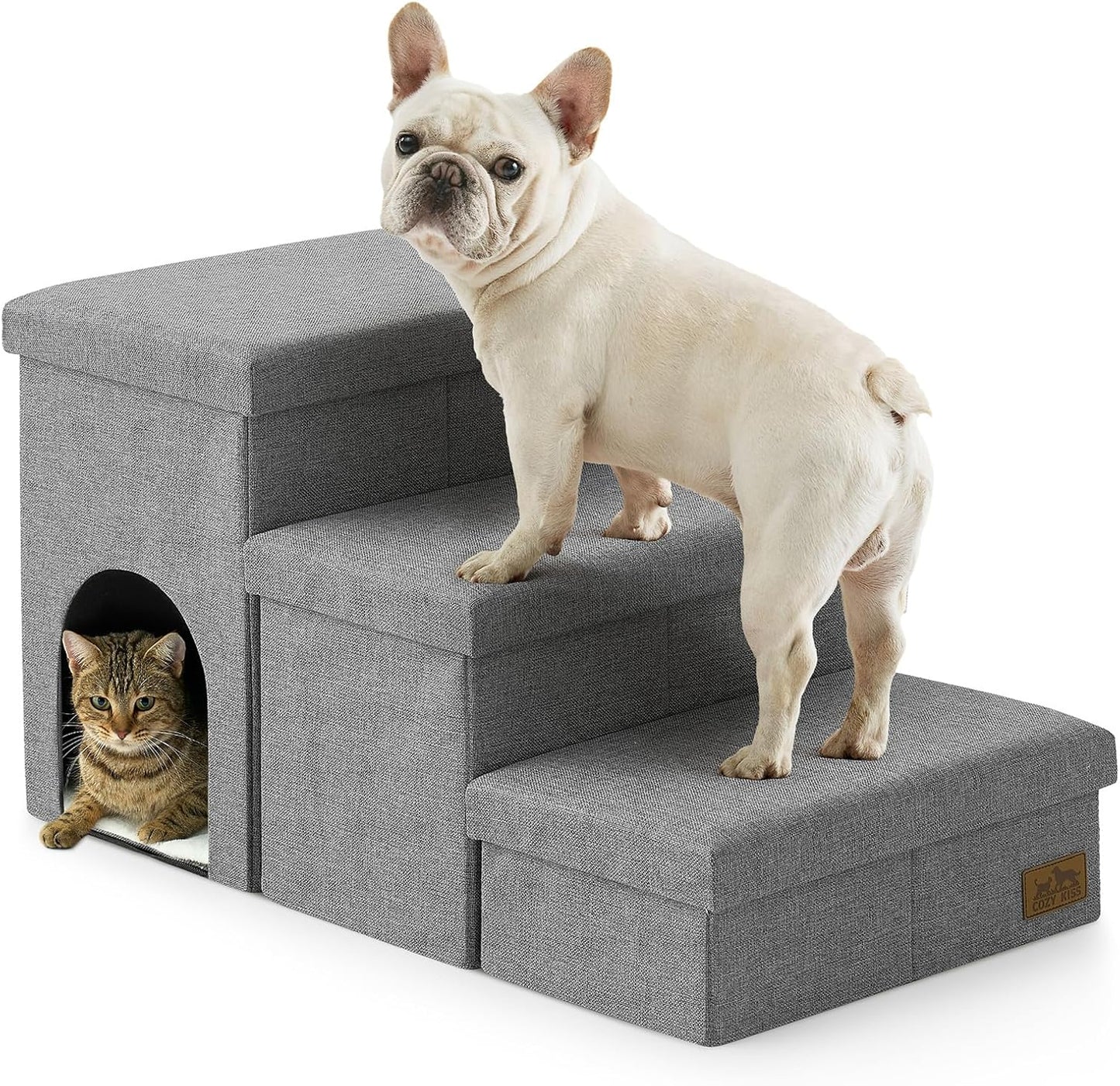 Dog Stairs with Storage, 4-Step Wider Sturdy Dog Steps for Small/Medium/Large Dogs and Older Cats, Folding Doggie Ramp for Bed/Couch/Car Hold Up to 180 lbs (22" H, Brown)