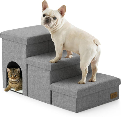 Dog Stairs with Storage, 4-Step Wider Sturdy Dog Steps for Small/Medium/Large Dogs and Older Cats, Folding Doggie Ramp for Bed/Couch/Car Hold Up to 180 lbs (22" H, Brown)