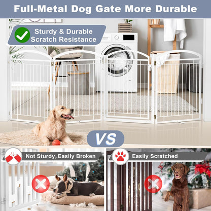 Full Metal Free Standing Dog Gate with Door for Indoor & Outdoor,96'' Extra Wide 32'' Tall Dog Gate for The Doorways,Large Openings,Decks,Porch,Pet Freestanding Safety Fence(4 Panels,Black)