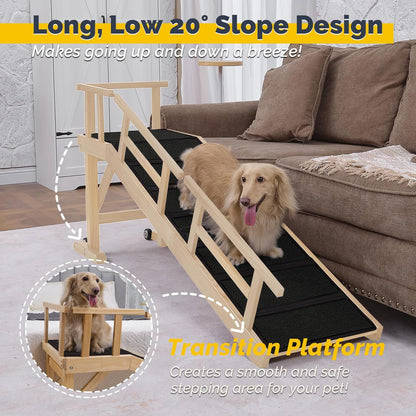 Dog Ramp for Bed or Couch, Wooden Pet Ramp with 20° Gentle Slope, Removable Side Rails, Non-Slip Surface, Top Platform & Wheels, Safe Bed Ramp for Small, Large & Senior Dogs, 60" Long, Mahogany