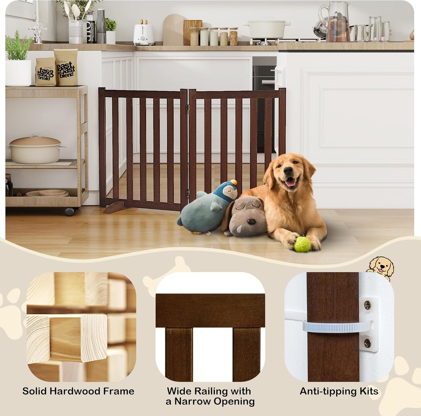 36" Height Extra Tall Freestanding Pet Gate, Solid Wood Folding Safety Fence Wooden Dog Gate with 2 PCs Support Feet Ideal for Stairs, Doorways, Halls, Kitchens, Heavy Duty Gates, 3 Panels, Oak