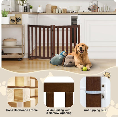 36" Height Extra Tall Freestanding Pet Gate, Solid Wood Folding Safety Fence Wooden Dog Gate with 2 PCs Support Feet Ideal for Stairs, Doorways, Halls, Kitchens, Heavy Duty Gates, 3 Panels, Oak