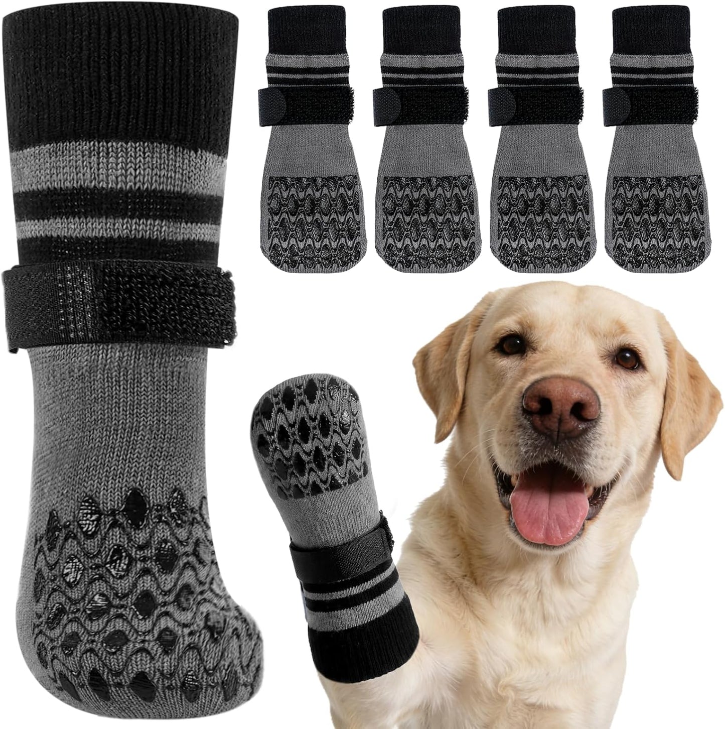 Kuoser Non Slip Dog Socks for Hardwood Floors, Dog Grippy Socks with Double-Sided Traction, Anti Slip Dogs Booties Paw Protectors to Prevent Licking Paws for Small Medium Large Senior Dogs, 4 Pack-M