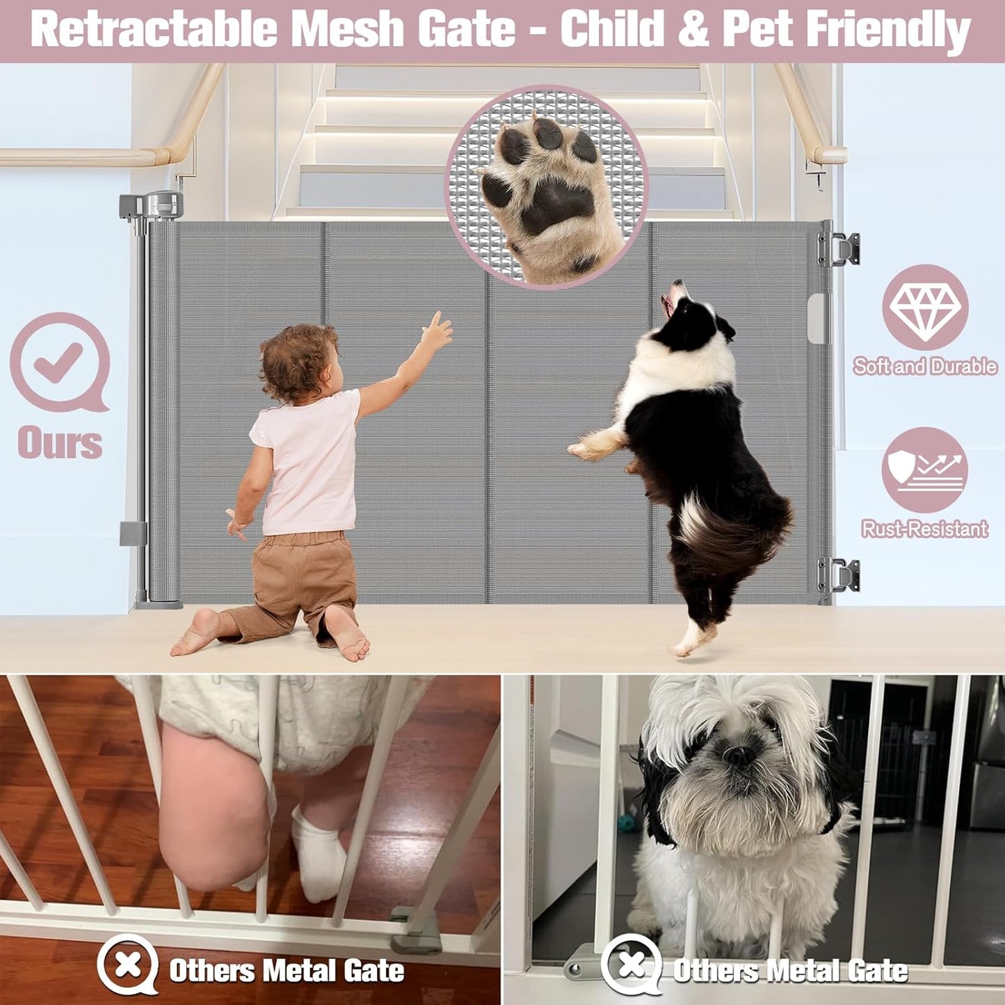 Reinforced 56" Wide Retractable Baby Gates for Doorways with Support Rods - Prevent Crawling Under Retractable Gate, Mesh Pet Gate for Stairs Retractable Dog Gates for The House Indoor/Outdoor, Black