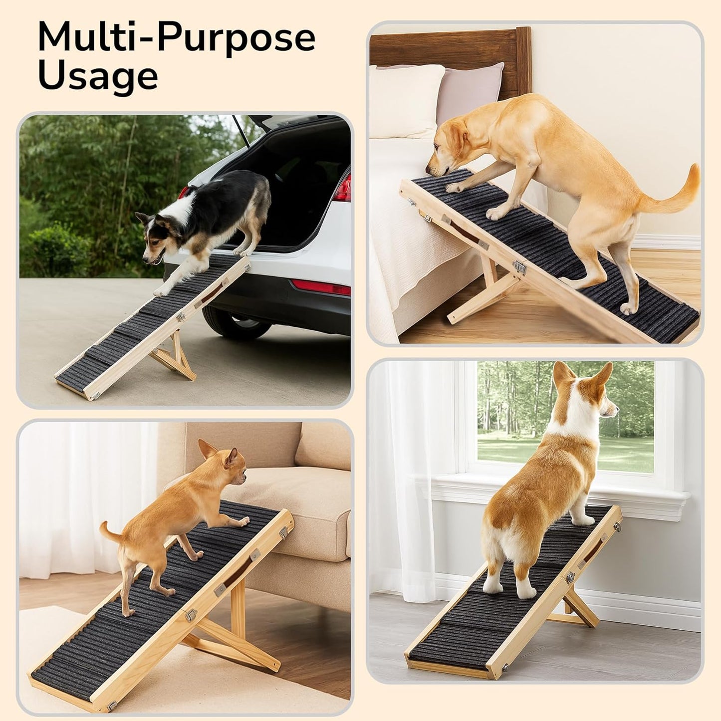 Upgraded 2026 Adjustable Dog Ramp 34.65" Foldable Pet Ramp with 5 Heights 13.6–21.5", Non-Slip Carpet & Leather Handle – Ramp for Bed, Couch & Sofa