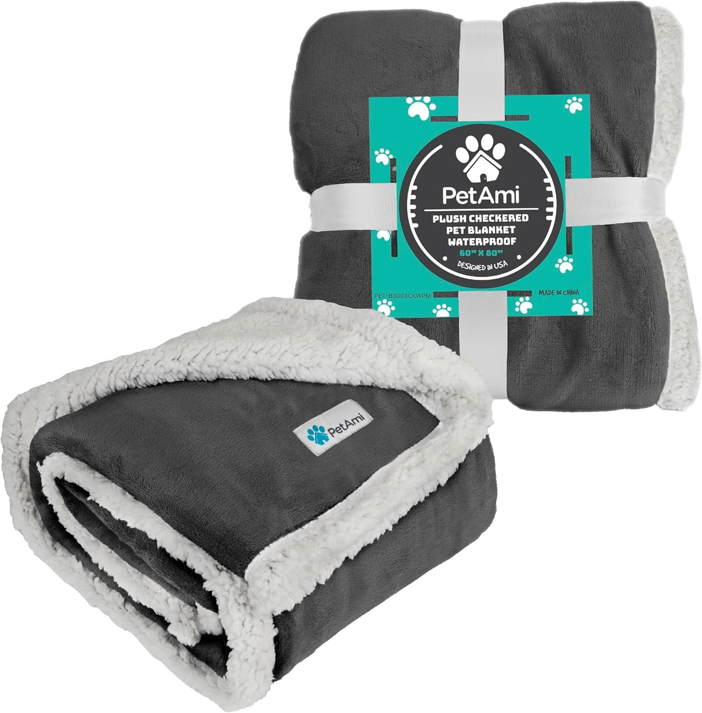 PetAmi Waterproof Dog Blanket for Couch, Large 60x40, Pee Proof Sherpa Fleece Reversible Pet Throw, Furniture Protector for Bed Sofa Kennel, Soft Washable Cover for Medium Dogs Cats, Grey Sherpa