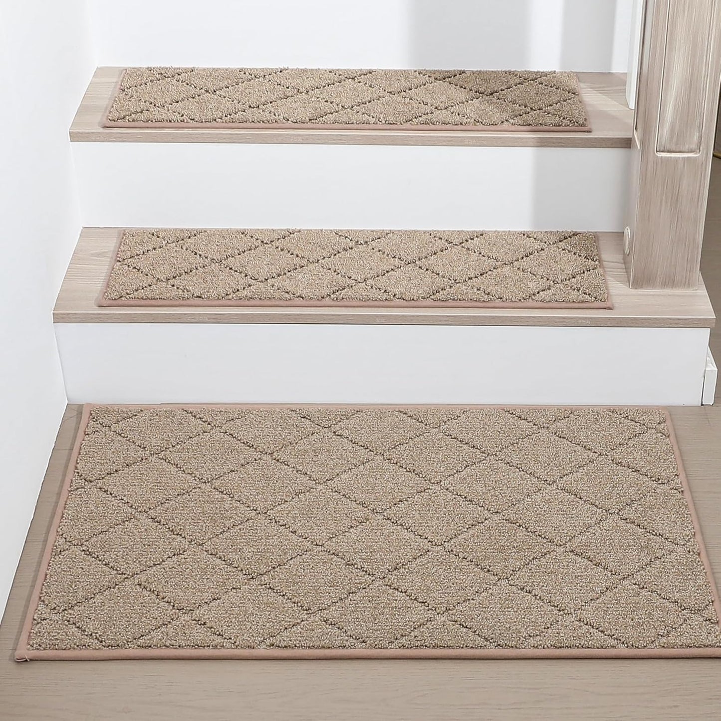 COSY HOMEER Edging Stair Treads Non-Slip Carpet Mat 28inX9in Indoor Stair Runners for Wooden Steps, Edging Stair Rugs for Kids and Dogs, 100% Polyester TPE Backing (7pc, Beige)