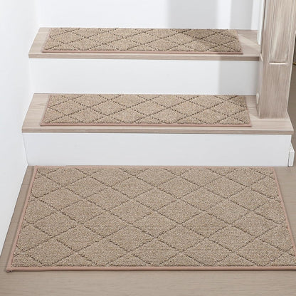 COSY HOMEER Edging Stair Treads Non-Slip Carpet Mat 28inX9in Indoor Stair Runners for Wooden Steps, Edging Stair Rugs for Kids and Dogs, 100% Polyester TPE Backing (7pc, Beige)