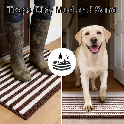 pobopobo Dog Door Mat for Muddy Paws - Absorbent & Washable Chenille Rug, Non-Slip Dirt Trapper for Indoor Outdoor Entryway, Quick Dry Pet Mat for Muddy Dogs (Striped Gray-Blue&White, 24" x 16")