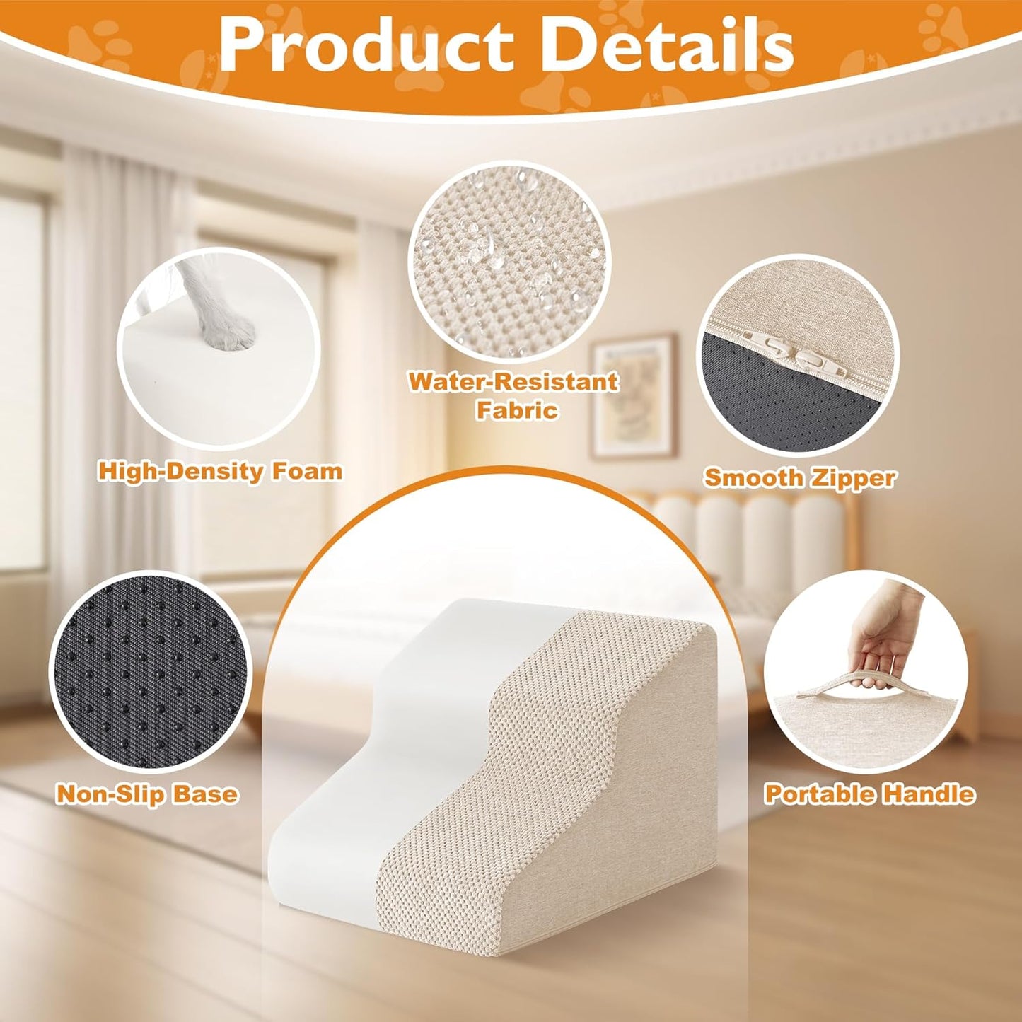 Dog Stairs for Bed 23’’ H, 5-Step Dog Steps for High Bed, Foldable Pet Stairs for Small Dogs and Cats to Get on Beds, Couch, Non-Slip Balanced Pet Steps and Ramp with Waterproof Cover, Grey