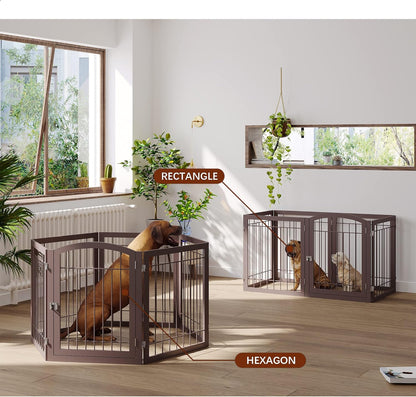 JSB 96-inch Extra Wide 30-inch Tall Dog gate with Door Walk Through, Freestanding Pet Gate for Halls, Stairs & Home, Pet Puppy Safety Dog Fence with 2PCS Support Feet (Black)