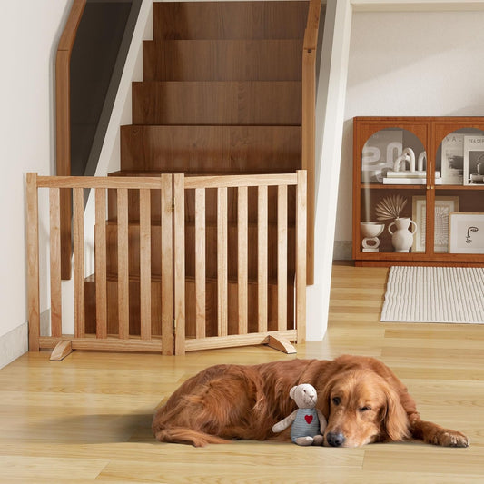 36" Height Extra Tall Freestanding Pet Gate, Solid Wood Folding Safety Fence Wooden Dog Gate with 2 PCs Support Feet Ideal for Stairs, Doorways, Halls, Kitchens, Heavy Duty Gates, 3 Panels, Oak