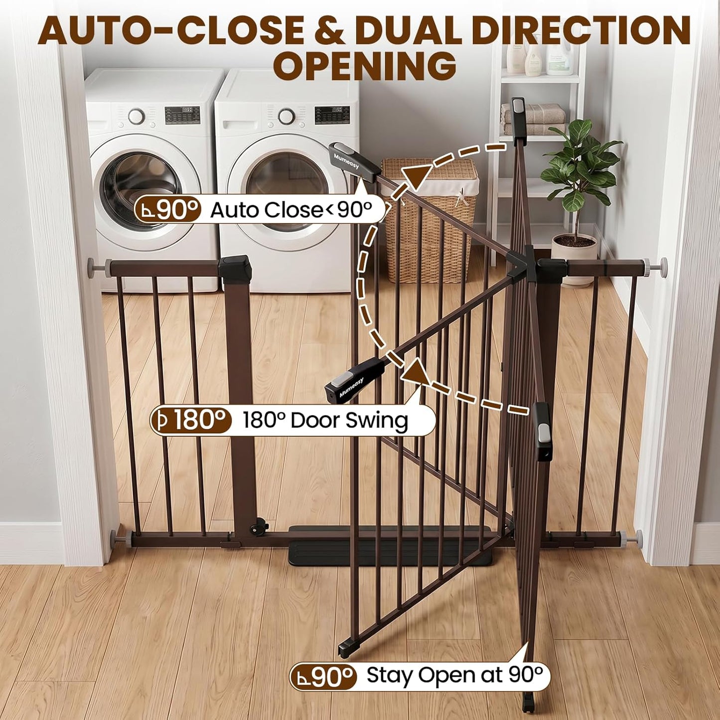 Mumeasy 29.7-46" Baby Gate for Stairs, Pressure Mounted Dog Gate for Doorways, Auto Close Walk Through Pet Gate Indoor, Extra Wide Metal Child Safety Gate, Mom's Choice Awards Winner, Black