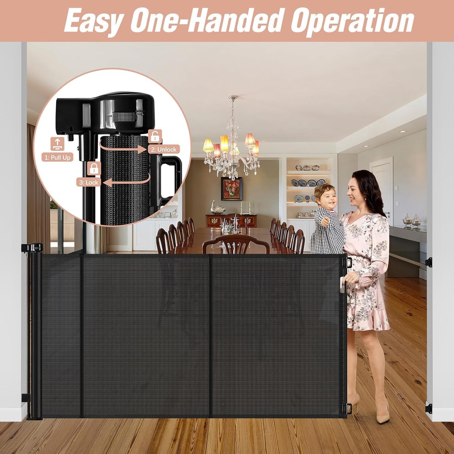Reinforced 42" Tall Retractable Dog Gate, 155" Extra Long Retractable Baby Gate with Support Rods - Prevent Crawling Under, Indoor/Outdoor Retractable Gate Extra Tall Baby Gate Retractable Fence/Black