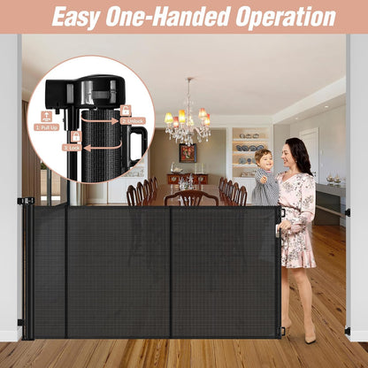 Reinforced 42" Tall Retractable Dog Gate, 155" Extra Long Retractable Baby Gate with Support Rods - Prevent Crawling Under, Indoor/Outdoor Retractable Gate Extra Tall Baby Gate Retractable Fence/Black