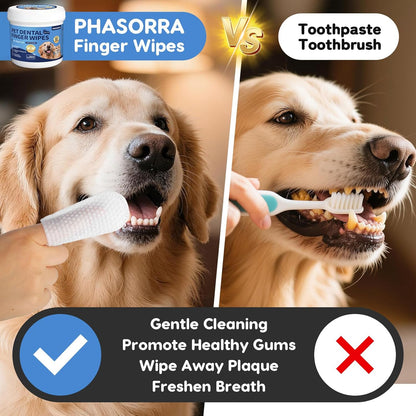 Dog & Cat Tooth Brushing kit - 60Ct Dog Toothbrush & Toothpaste Alternatives, Dental Care Wipes, Heavy Duty Teeth Cleaning, Remove Tartar & Plaque, Breath Freshener