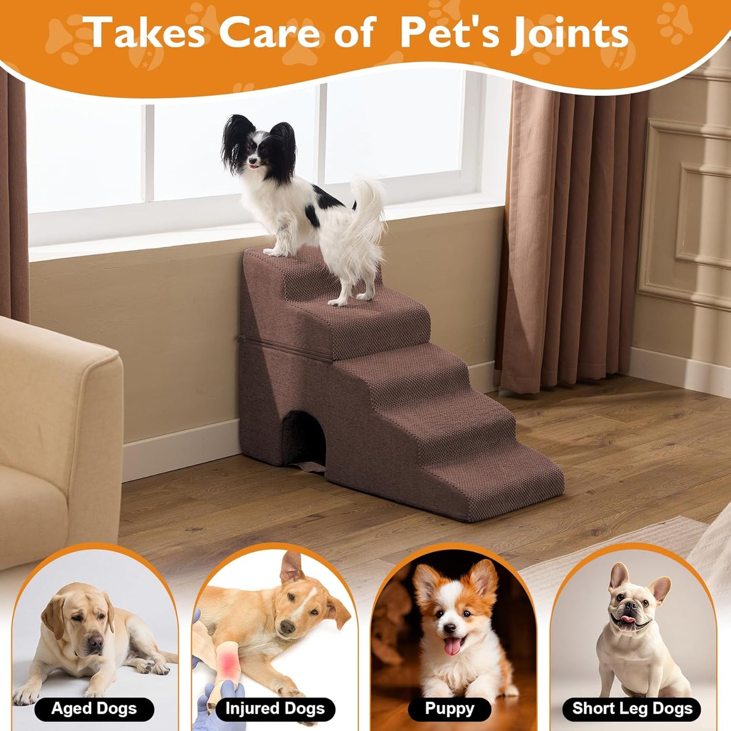 Dog Stairs for Bed 23’’ H, 5-Step Dog Steps for High Bed, Foldable Pet Stairs for Small Dogs and Cats to Get on Beds, Couch, Non-Slip Balanced Pet Steps and Ramp with Waterproof Cover, Grey