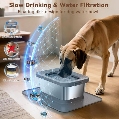 10L No Spill Dog Water Bowl, 2.6 Gal Stainless Steel No Splash Large Dog Water Bowl with Non-Slip Silicone Mat, Spill Proof Slow Drinking Pet Bowls for Messy Drinkers Indoor/Outdoor Use Black