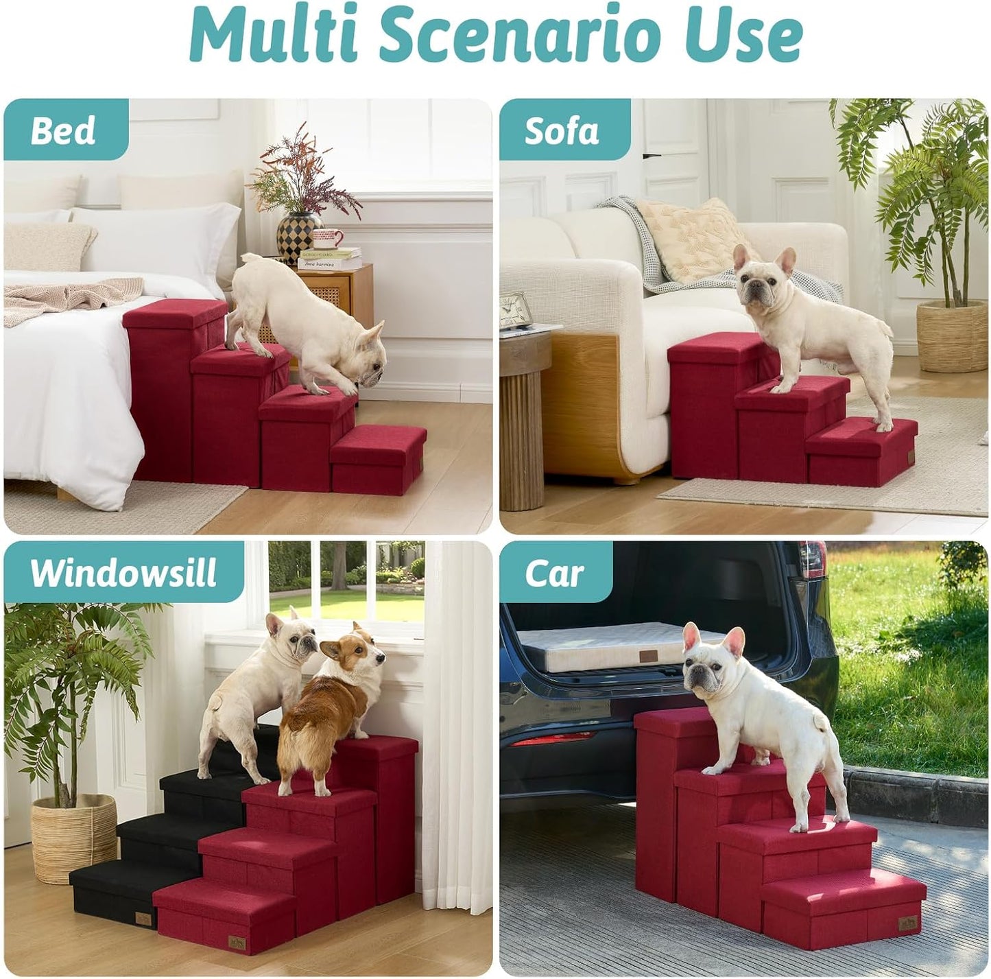 Dog Stairs with Storage, 4-Step Wider Sturdy Dog Steps for Small/Medium/Large Dogs and Older Cats, Folding Doggie Ramp for Bed/Couch/Car Hold Up to 180 lbs (22" H, Brown)