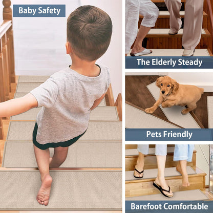 Peel and Stick Adhesive Stair Treads for Wooden Steps Indoor Set of 15 Pack, Rubber Backed Non Slip Jute Stair Rug Step Pads for Pet Dog, Elders and Kids, Beige