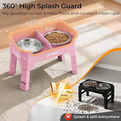 URPOWER 3-in-1 Elevated Dog Bowls - Mess Proof Double Deck 4 Height Adjustable Raised Stand with 2 Stainless Steel Food Bowls & Licking Plate for Small, Medium & Large Dogs