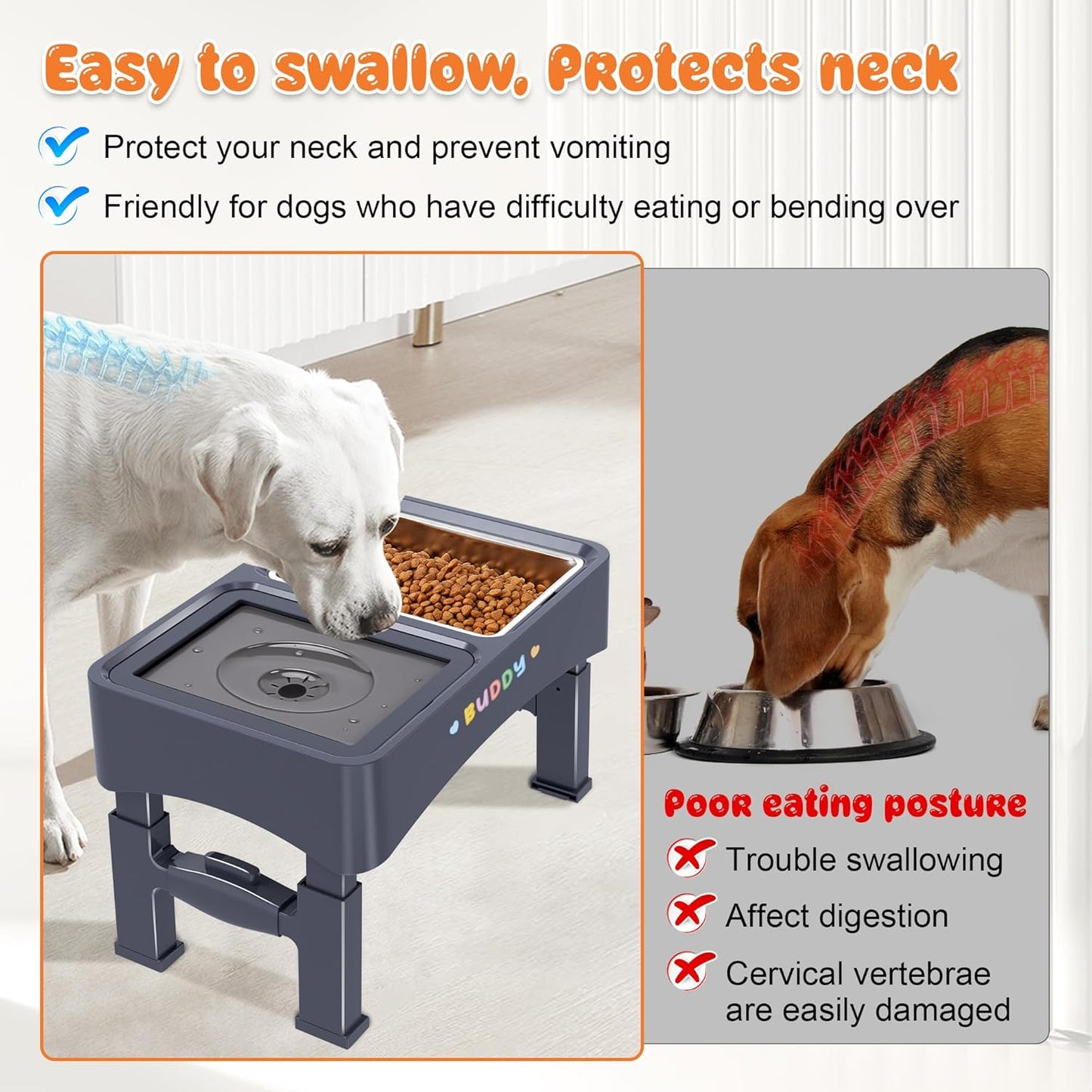 Decflow 3-in-1 Elevated Dog Bowls, 4 Height Adjustable Raised with Stainless Steel, Slow Feeder, No Spill Water Bowl, DIY Stickers Foldable Pet Bowl for Medium Large Dogs