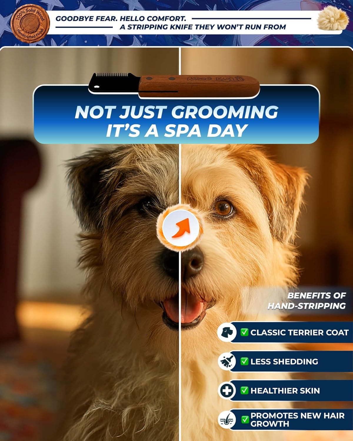 KIZO ESLO Dog Dematting Brush & Undercoat Rake for Doodles, Poodles & Long-Haired Pets, Detangling Comb for Thick Curly Coats, Removes Mats, Knots & Tangles, Stainless Steel Teeth with Wooden Handle