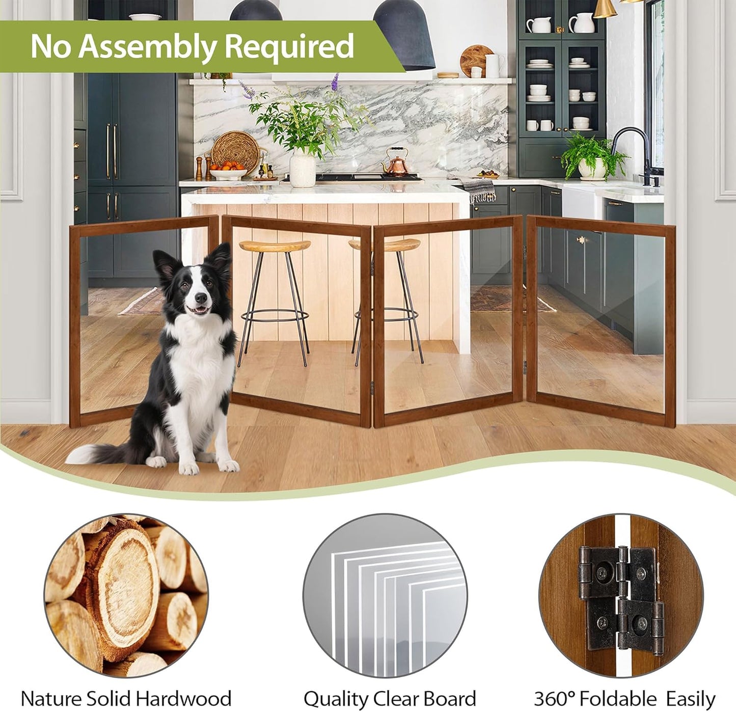 LZRS Clear Dog Gate for Indoor Use - Transparent Pet Fence with Solid Hardwood and Plastic Board, Stylish & Durable freestanding Pet Gate for Doorways, Stairs and Hallways-2 Panel Cherry