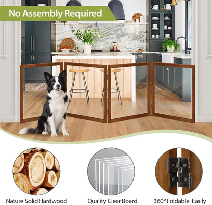 LZRS Clear Dog Gate for Indoor Use - Transparent Pet Fence with Solid Hardwood and Plastic Board, Stylish & Durable freestanding Pet Gate for Doorways, Stairs and Hallways-2 Panel Cherry