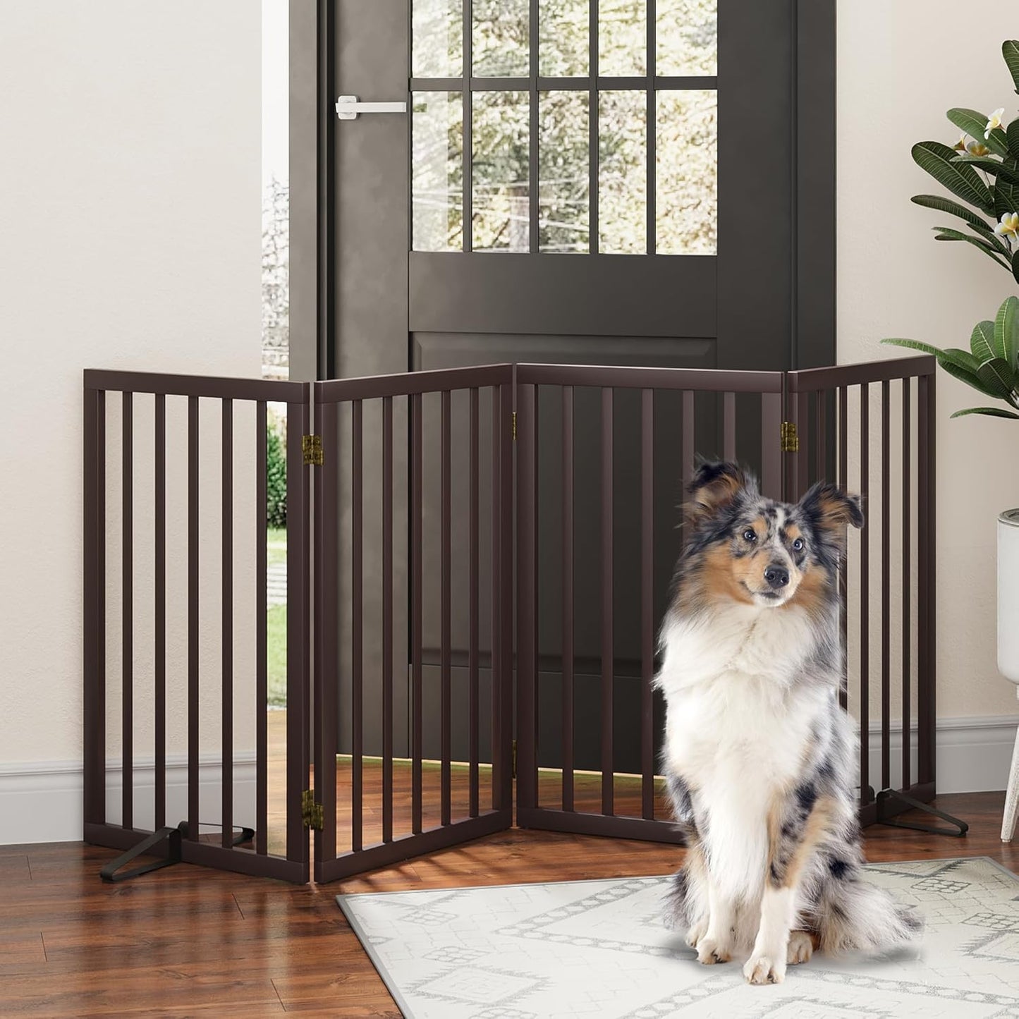 Freestanding Foldable Dog Gate - 4 Panel Room Divider with Metal Support Feet (Black)