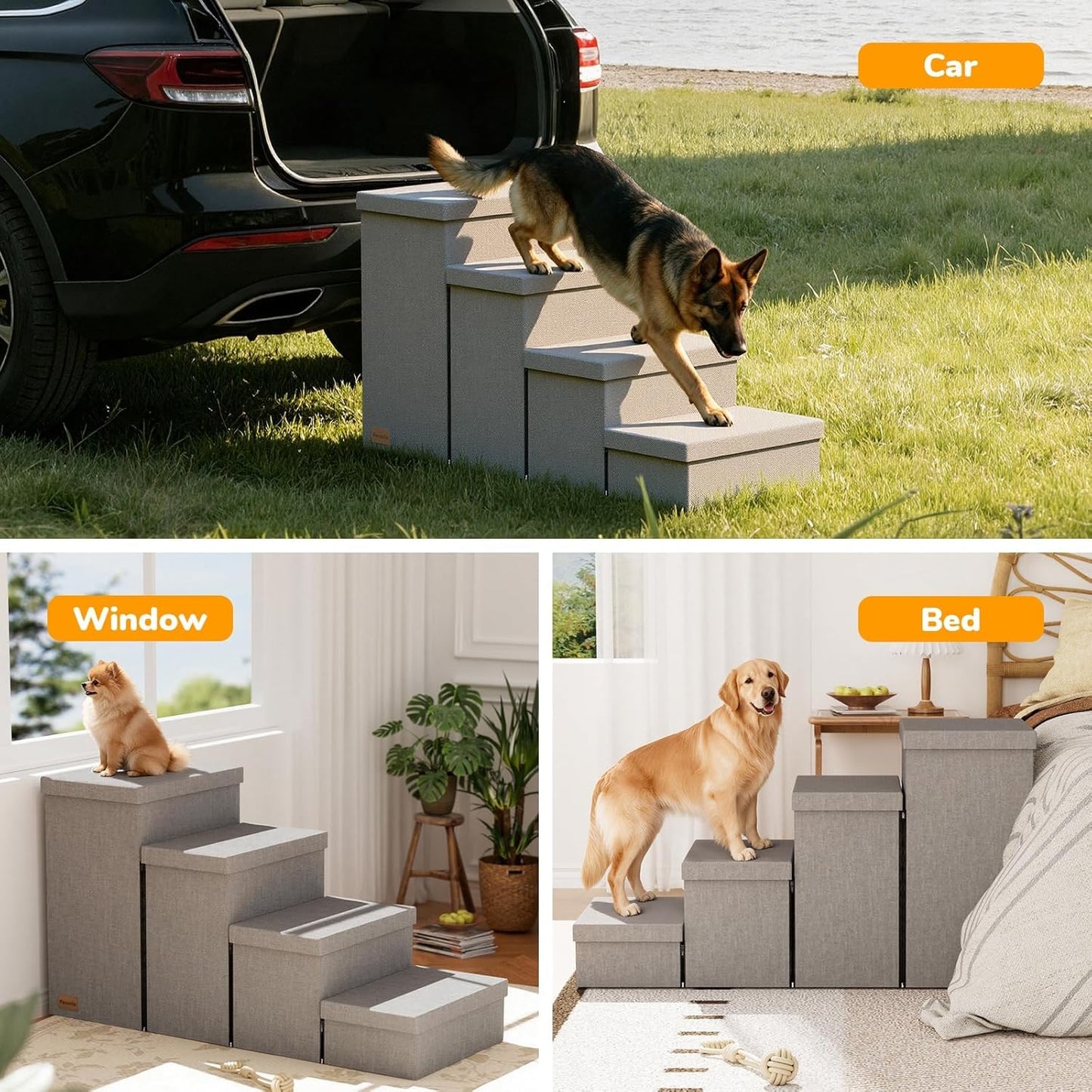 3-Step Wide Dog Stairs with Hidden Storage 18" H, Non-Slip Dog Steps for High Bed Couch Window Car, Jiont-Friendly Pet Stairs Ramp for Small/Medium/Large Old Dogs Cats Up to 200lbs, Grey