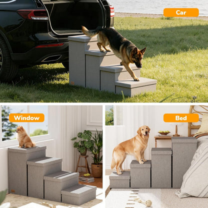 3-Step Wide Dog Stairs with Hidden Storage 18" H, Non-Slip Dog Steps for High Bed Couch Window Car, Jiont-Friendly Pet Stairs Ramp for Small/Medium/Large Old Dogs Cats Up to 200lbs, Grey