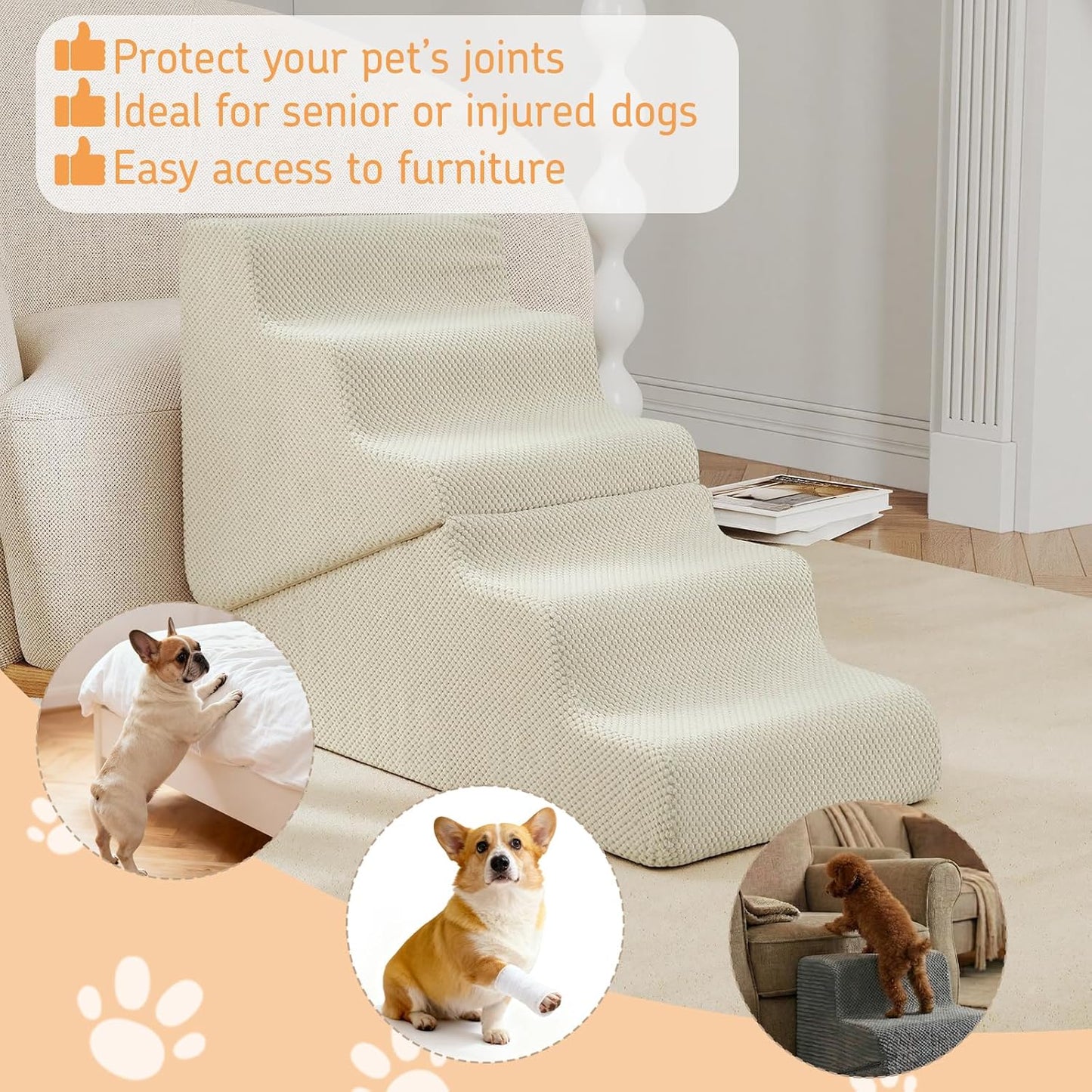 Dog Ramp for Bed, 23" H Dog Stairs for High Bed, 2 in 1 Pet Steps for Small Dogs, 5-Step Foldable Transformable Large Cats Ramp to Get on Couch, Non-Slip Balanced, Grey
