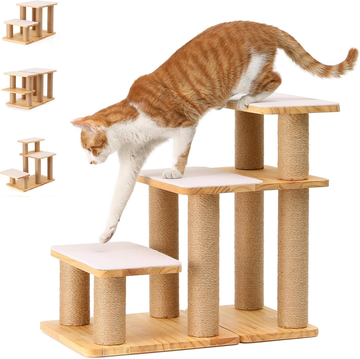 FUKUMARU 3-in-1 Pet Stairs, Retro-style Dog Steps for Cats and Small Dogs, Wooden Cat Stairs for High Bed with Scratching Post, Dog Ramp for Couch with Cat Condo Cave, Easy to Clean & Aesthetic Design
