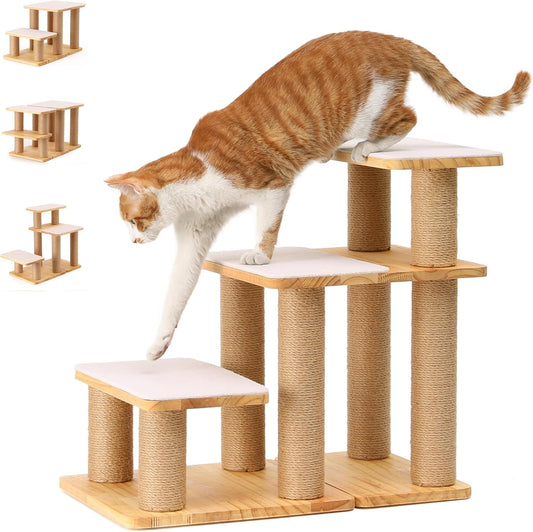 FUKUMARU 3-in-1 Pet Stairs, Retro-style Dog Steps for Cats and Small Dogs, Wooden Cat Stairs for High Bed with Scratching Post, Dog Ramp for Couch with Cat Condo Cave, Easy to Clean & Aesthetic Design