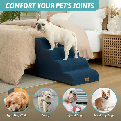 COZY KISS Dog Stairs for Small Dogs 15.7" H, Curved Dog Step for Puppy, Older Cat, Medium Pet Ramp for Sofa, Couch or Chair, Ladder with High Density Foam, 3 Step, 15.7x22.4x15.7 inch, Beige