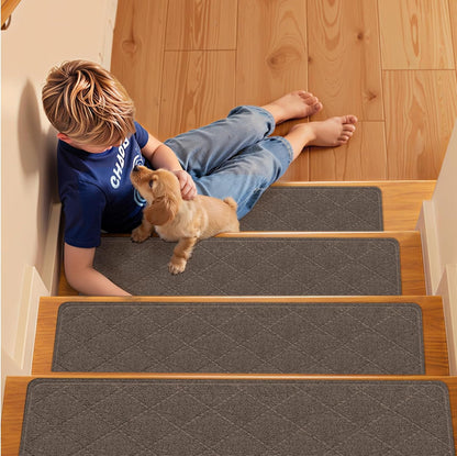 Stair Treads Non-Slip for Wooden Steps, 15Pack - 8" x 30" Edging Stair Runner Indoor for Kids Elders & Pets, Washable Carpet Stair Treads with Peel & Stick Reusable TPE Backing, Beige