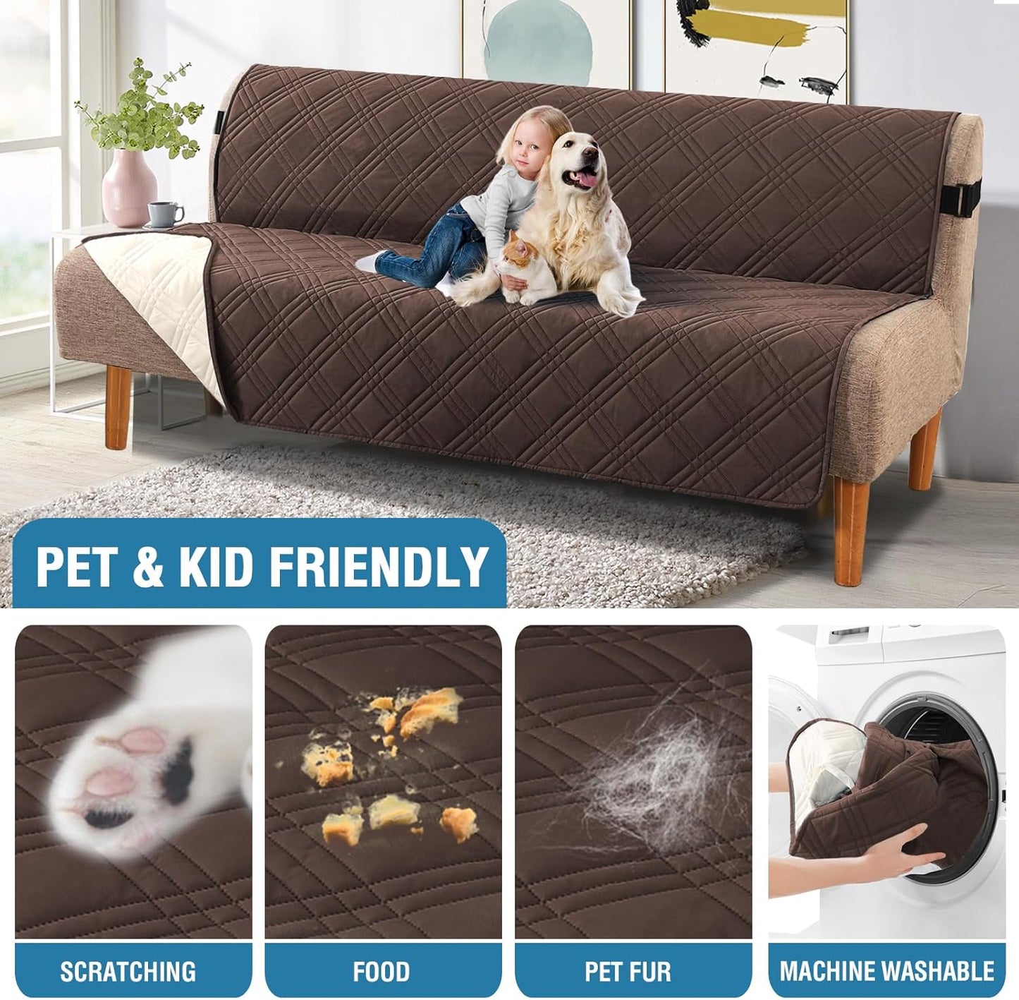 H.VERSAILTEX 100% Waterproof Slipcovers for Couches and Sofas Modern Pet Couch Cover Thick Soft Furniture Protector with Elastic Straps(Sofa, Lily Pad/Beige)