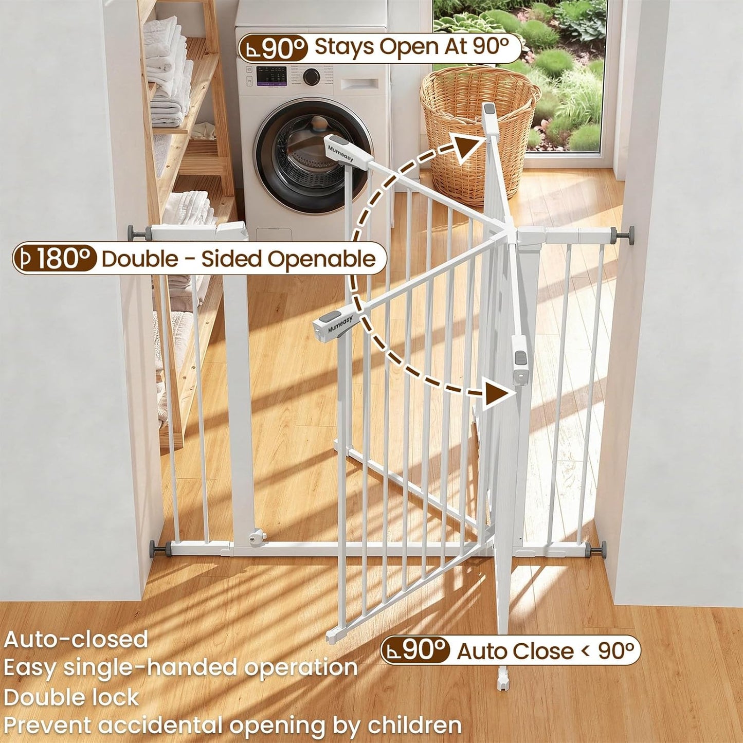 Mumeasy 29.7-46" Baby Gate for Stairs, Pressure Mounted Dog Gate for Doorways, Auto Close Walk Through Pet Gate Indoor, Extra Wide Metal Child Safety Gate, Mom's Choice Awards Winner, Black