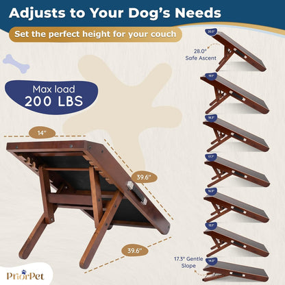 Dog Ramp for Couch – Non-Slip, Sturdy Build Foldable Wooden Dog Ramp – Supports up to 200 lbs – 7 Adjustable Heights (14"–20.5") – Enhanced Stability – Birchwood Pet Ramp for Small Dogs – Gray