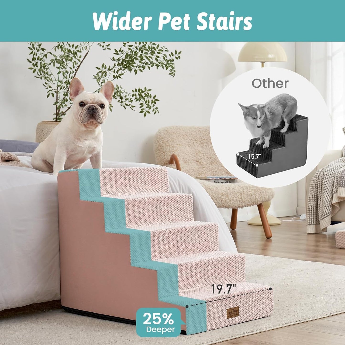 COZY KISS Dog Stairs for Small Dogs, 4 Tier Wider Pet Stairs for Couch and Beds, 17.7" H Non-Slip Dog Steps for Old Cats, Puppy, Small Medium Dogs, 17.7x23.6x17.7 inch, Beige