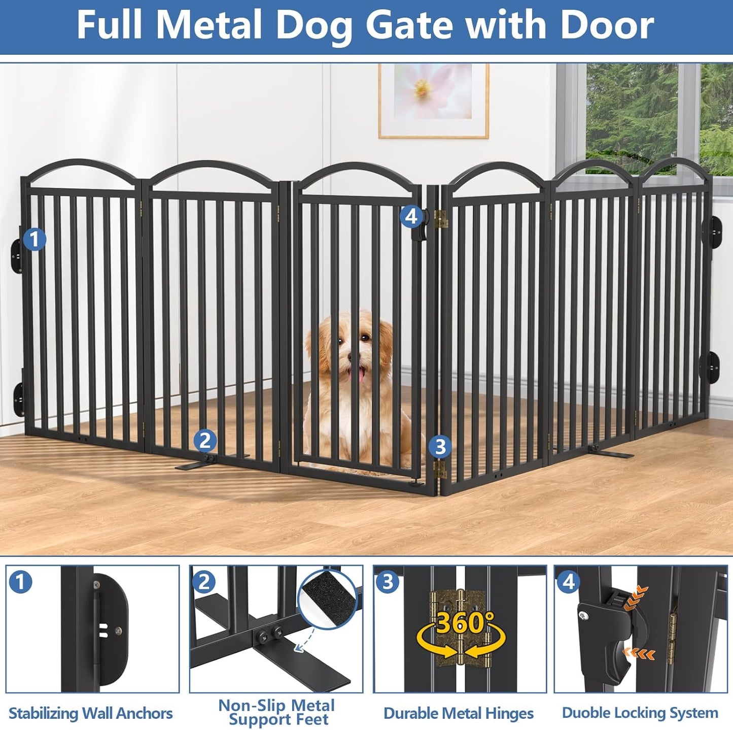Malier Metal Freestanding Dog Gate, 32'' Height Outdoor Indoor Dog Fences, Extra Wide Foldable Puppy Gate for Stairs (Black, 【2 Panels】 40''W × 32''H)