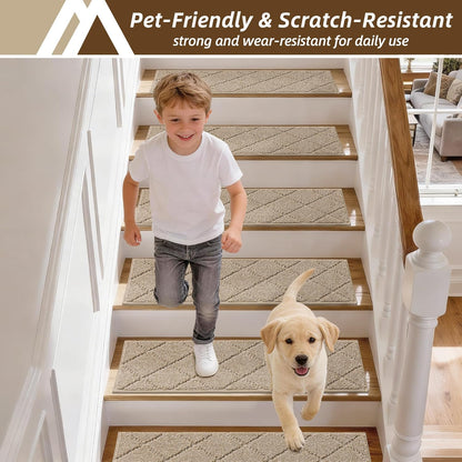 COSY HOMEER Edging Stair Treads Non-Slip Carpet Mat 28inX9in Indoor Stair Runners for Wooden Steps, Edging Stair Rugs for Kids and Dogs, 100% Polyester TPE Backing (7pc, Beige)