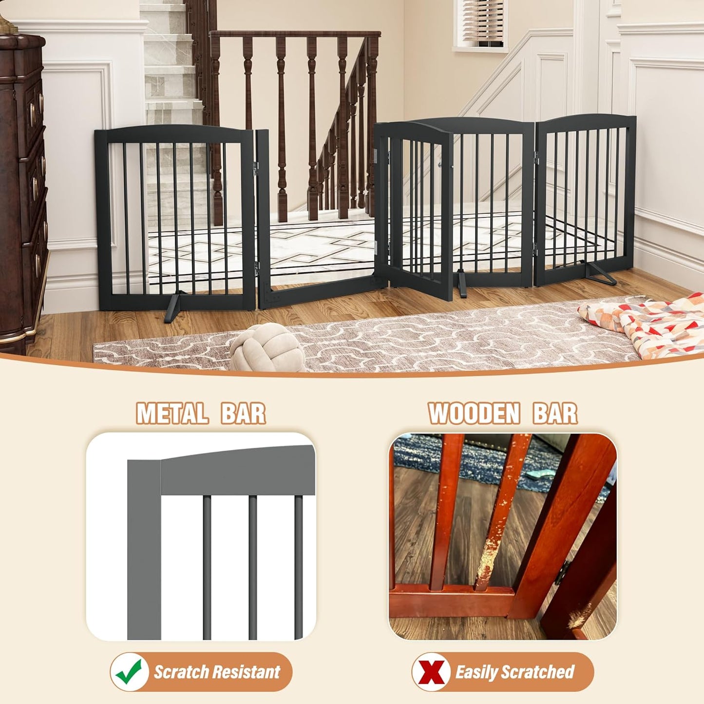PUPETPO Freestanding Dog Gate with Door, Pet Gate for Stairs, 80 inch Wide Pet Barrier Indoor, Dog Fences Indoor, Support Feet Included, 4 Panels, 24" Tall, Dark Brown