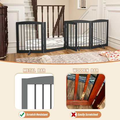 PUPETPO Freestanding Dog Gate with Door, Pet Gate for Stairs, 80 inch Wide Pet Barrier Indoor, Dog Fences Indoor, Support Feet Included, 4 Panels, 24" Tall, Dark Brown