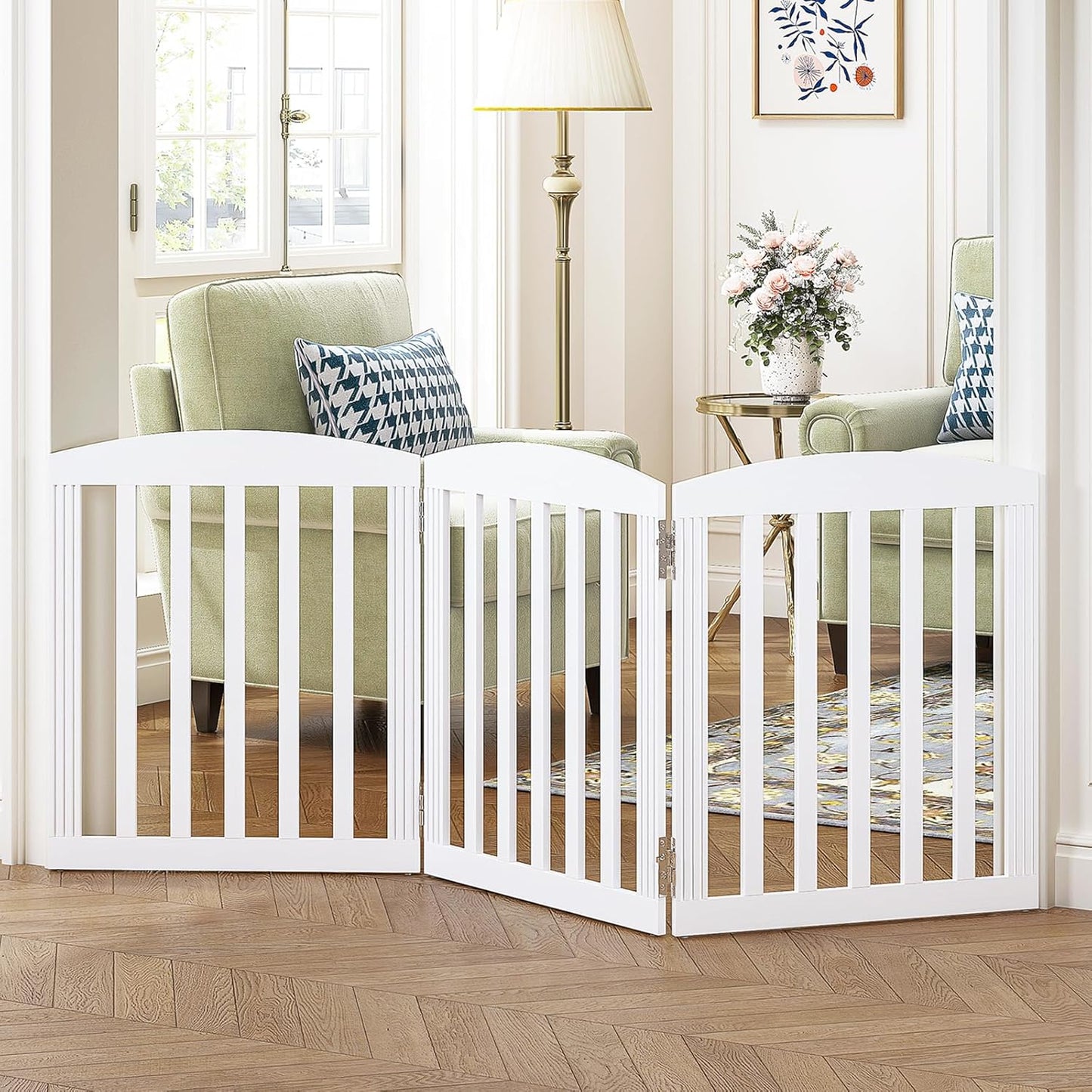 SPIRICH 96" Extra Wide 28" Tall Wooden Freestanding Foldable Dog Gate, Pet Gate Indoor, 4 Panels, White